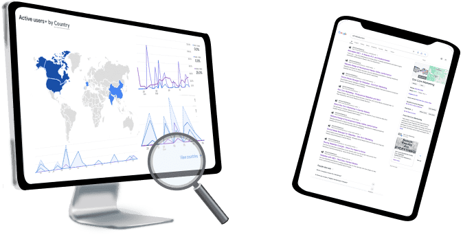 Computer Screen with Graphs and Data Alongside a iPad with Search Results