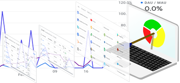 Laptop with Marketing Data and Graphs Coming Out From Screen