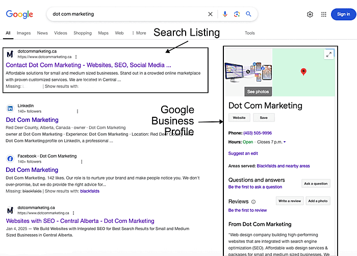 A Google Business Profile Search Listings